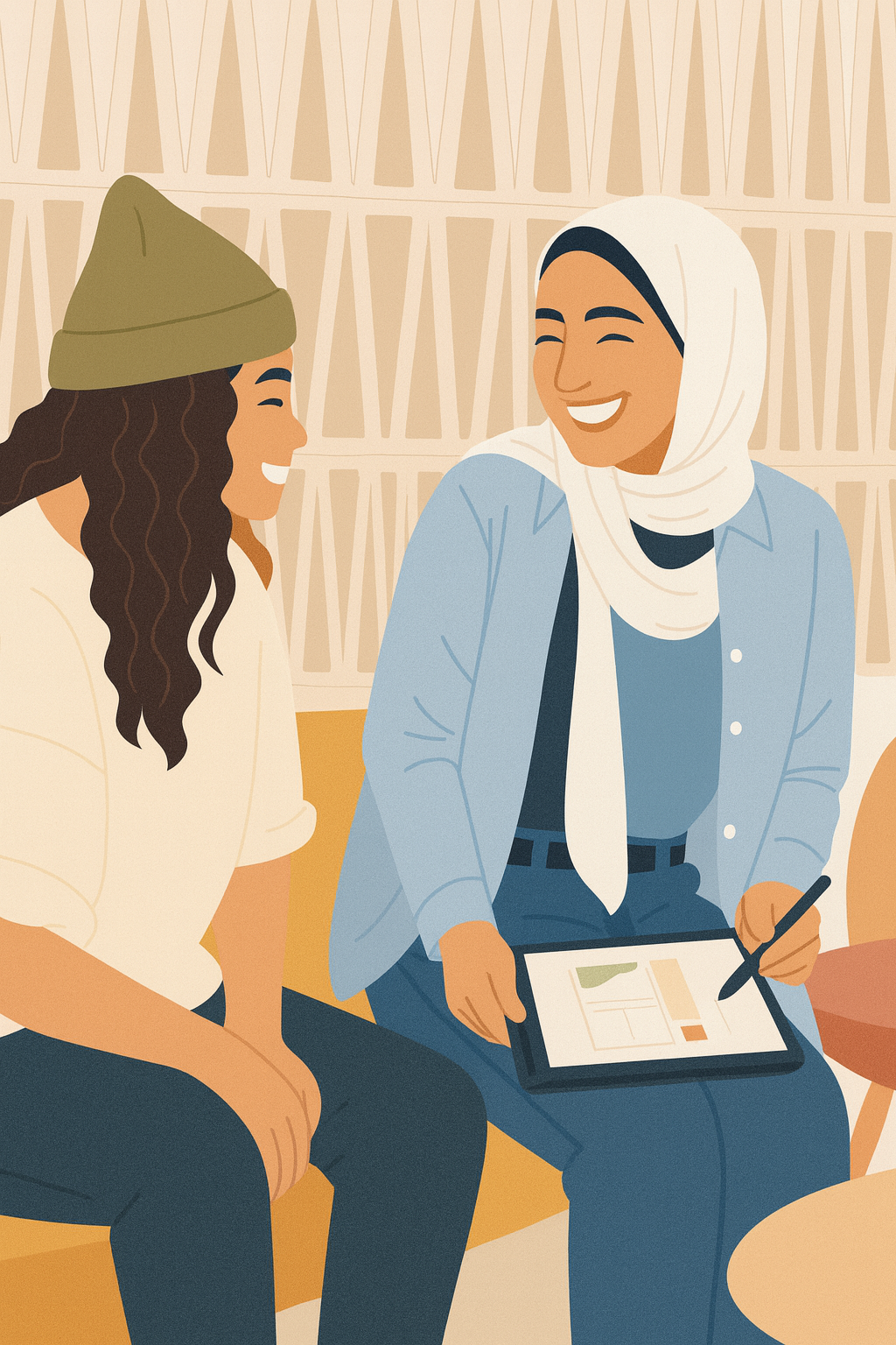 Two women talking at a table, exchanging knowledge and perspectives on investing