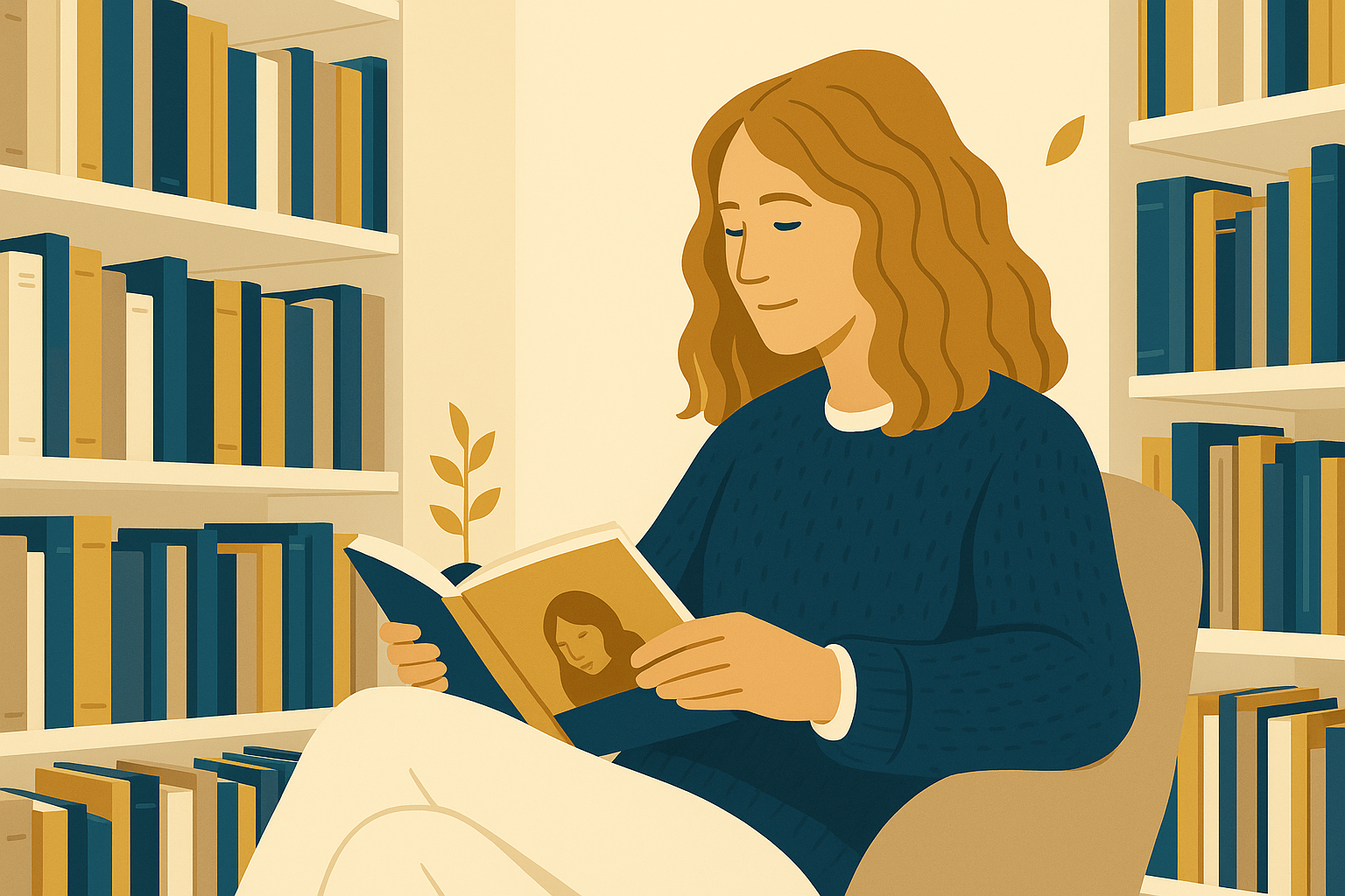 Elegant Investor absorbed in reading, with a bookcase in the background