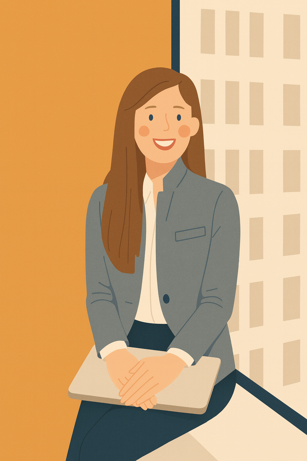 Elegant Alumni in a blazer with a notebook, before continuing her learning