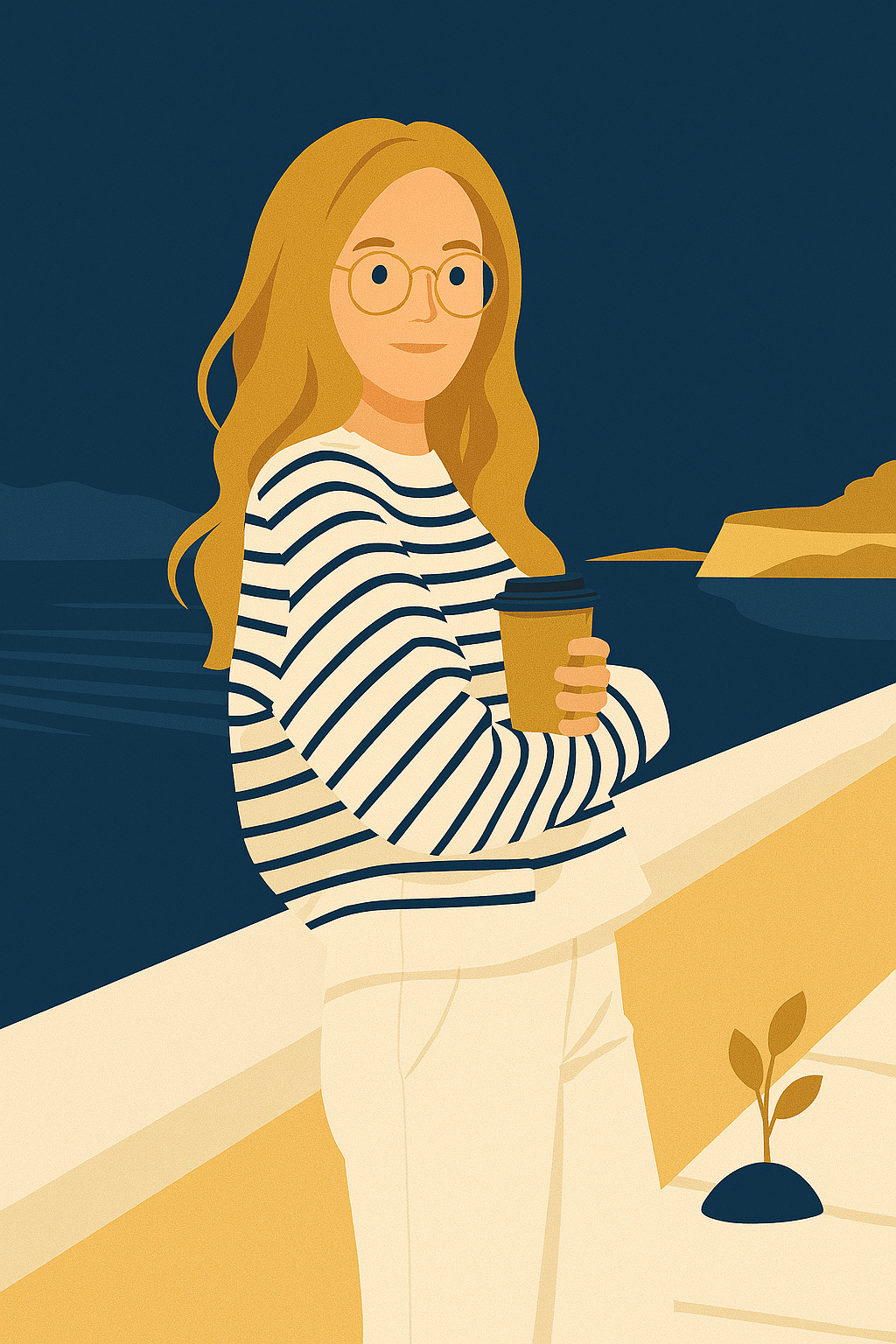 Woman in glasses with a takeaway coffee by the water