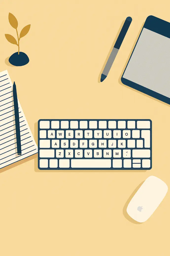 Illustration of a desk with a keyboard, notebook, and stationery symbolising structured financial learning.