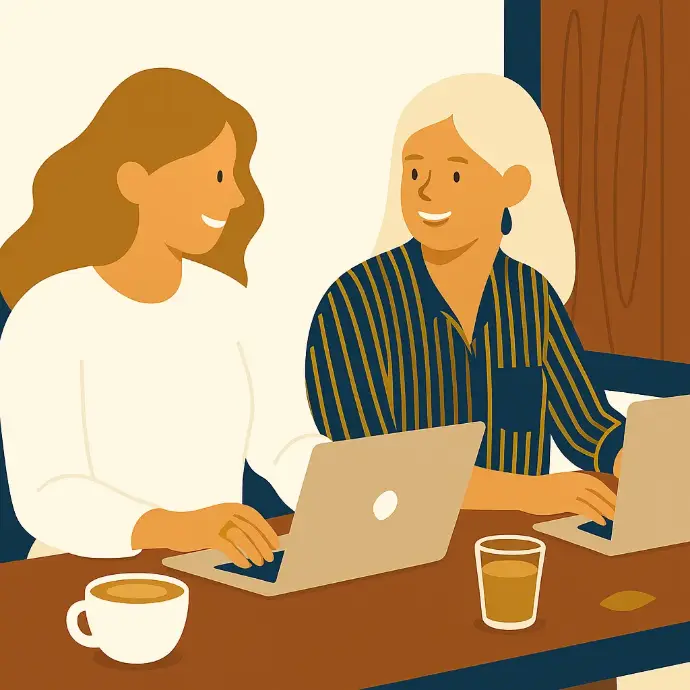 Illustration of two women sitting at a table and discussing financial documents related to investing.