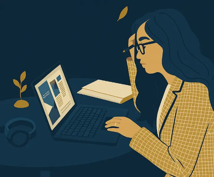 Illustration of a woman reviewing investment charts and financial notes on a dark background.