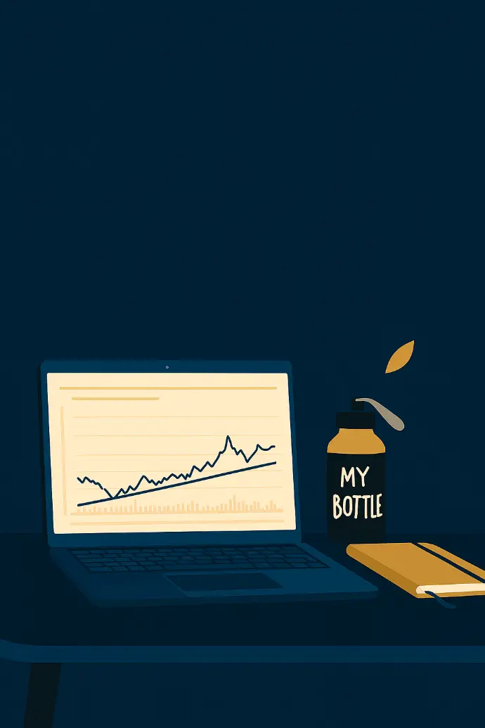 Illustration of a laptop displaying simple financial data and charts in a minimalist setting.