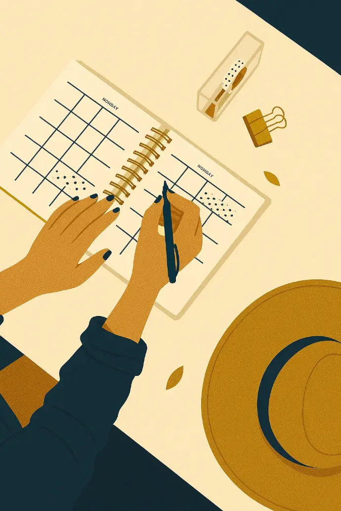 Illustration of hands holding a notebook with financial symbols and long term planning notes.