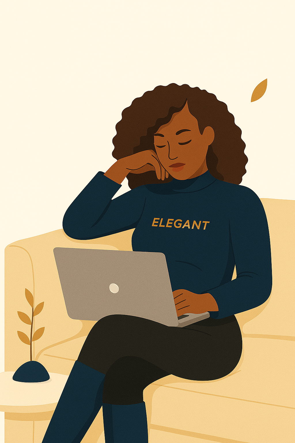Elegant Investor working on a laptop in a sweater with an Elegant Investors print