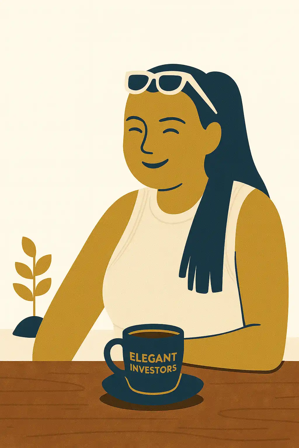 Illustration of a woman analyzing data on a tablet in an investment context.