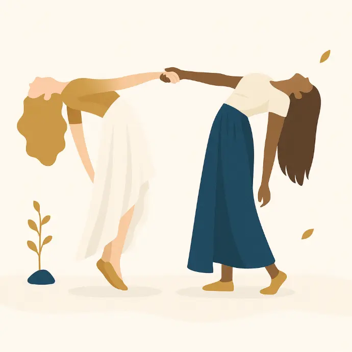 Illustration of two women holding hands, symbolizing support and shared learning
