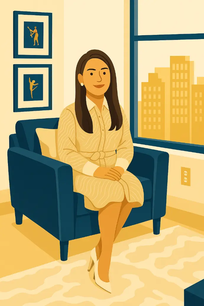 Illustration of a woman sitting in an armchair with a laptop