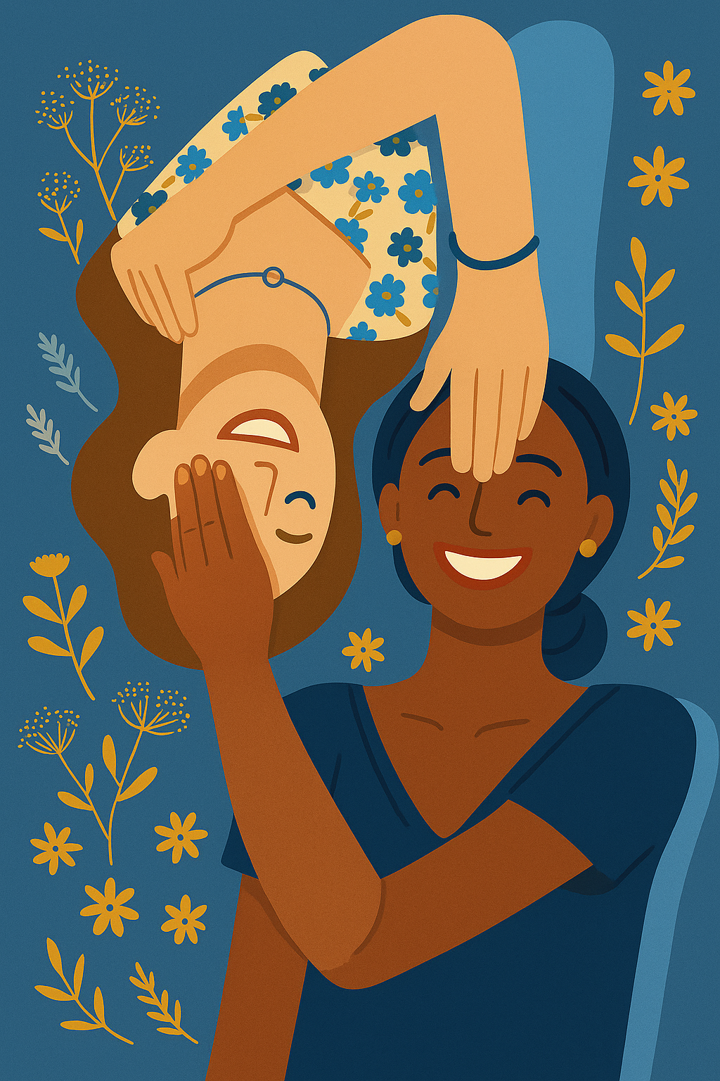 Illustration of two women lying close together and smiling, surrounded by floral patterns in navy and gold.