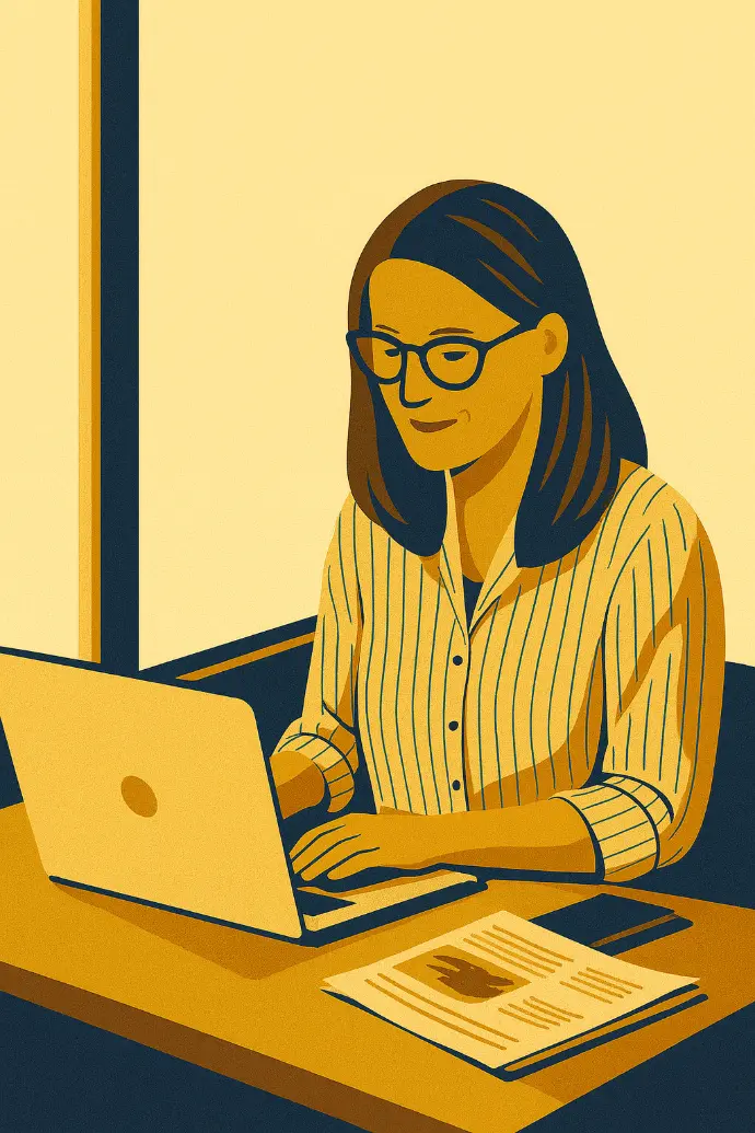 Illustration of a woman working at a desk with a laptop and documents