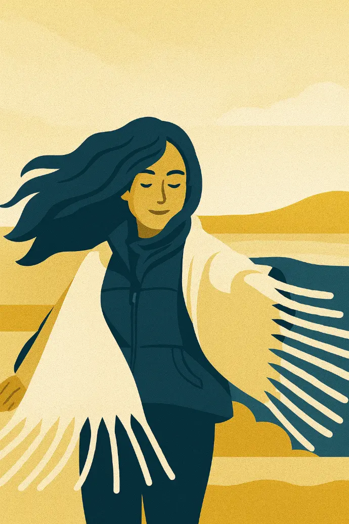 Illustration of a woman standing against a landscape background in a reflective scene