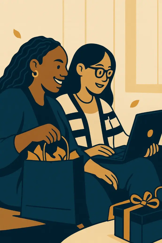 Illustration of two women talking about finances while looking at documents together.
