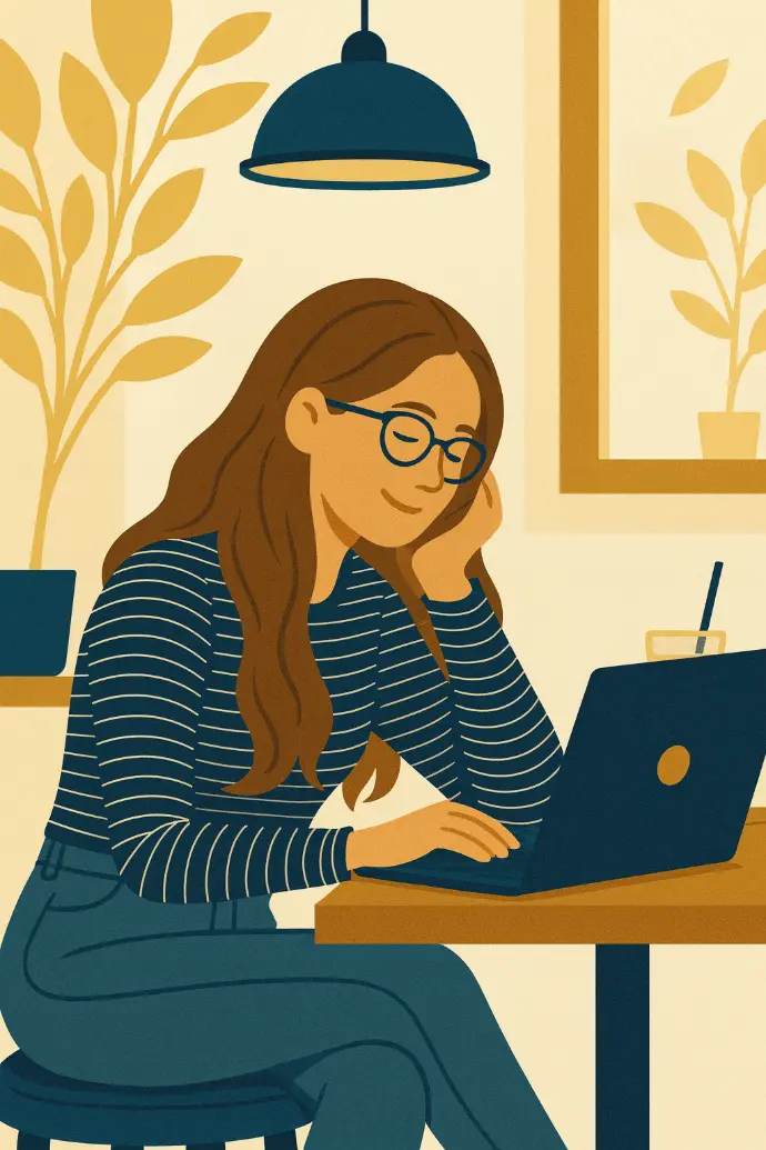 Illustration of a woman reading documents at home, focused on understanding financial topics.