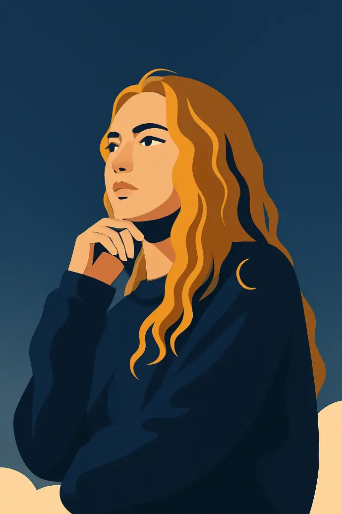 Portrait of a thoughtful woman in an elegant style, representing reflection on financial decisions.