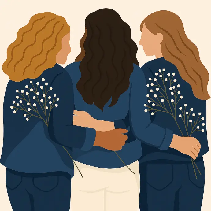 Illustration of three women standing close together, viewed from behind, symbolizing the community of Elegant Investors.