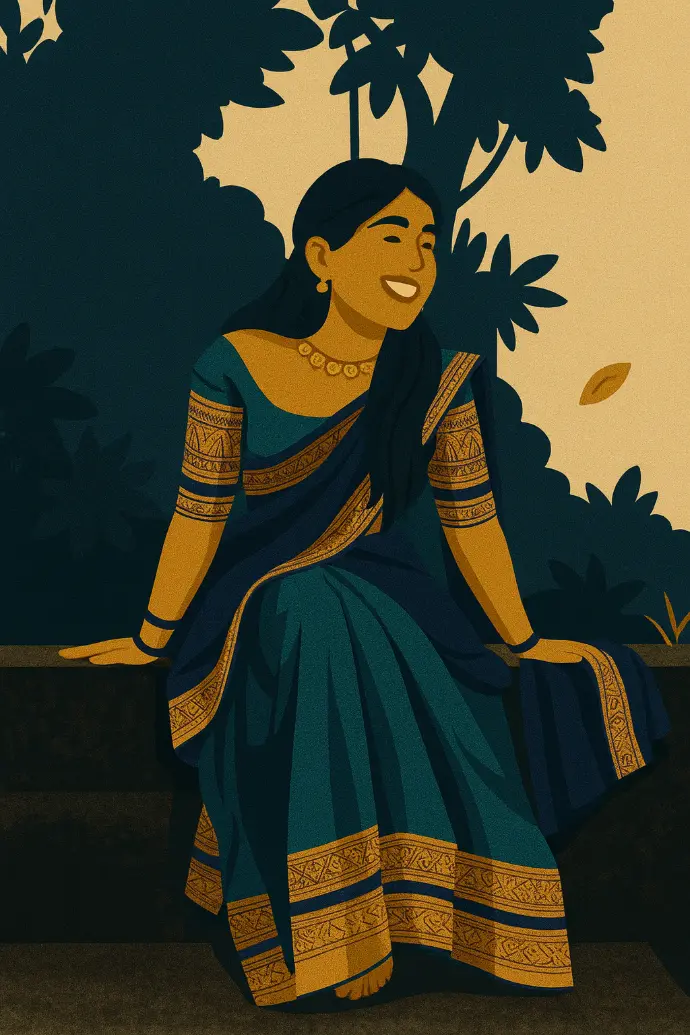 Illustration of a smiling woman in a seated position, reflecting the professional and composed attitude of an Elegant Investor.