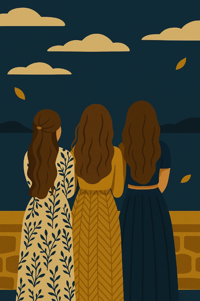 Illustration of women seen from behind, standing side by side