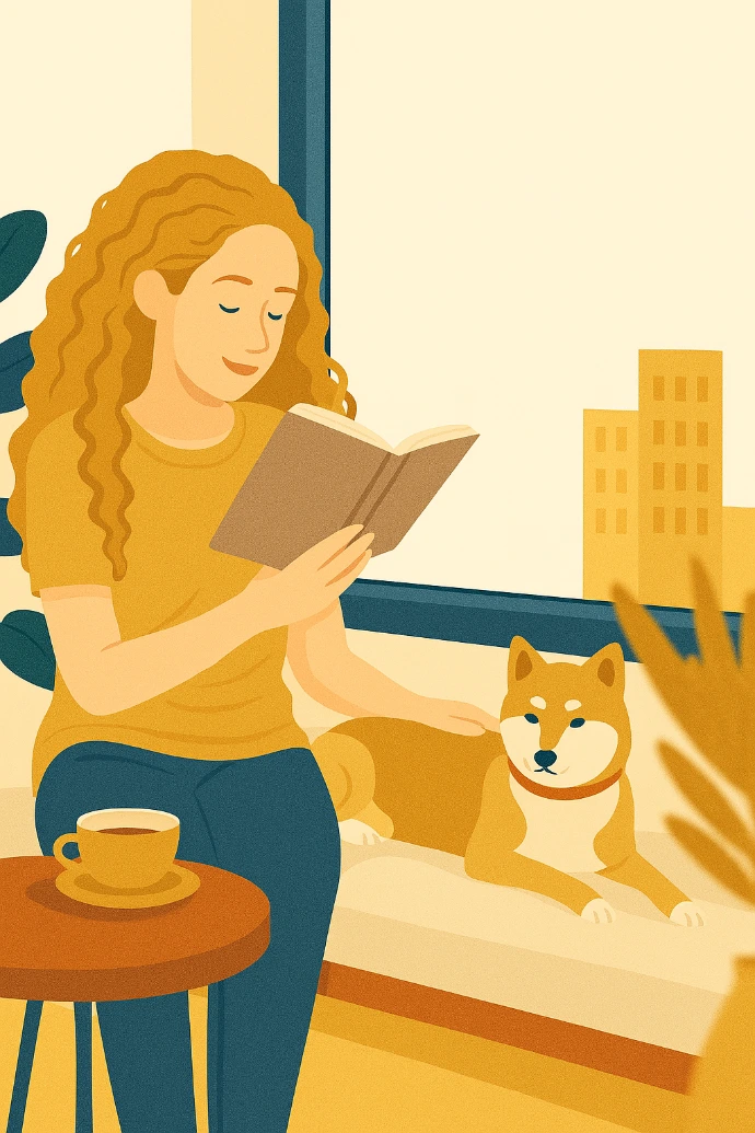 Women reading the book and petting the dog