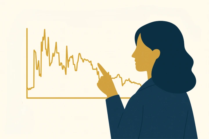 Illustration of a woman analyzing historical data on a chart