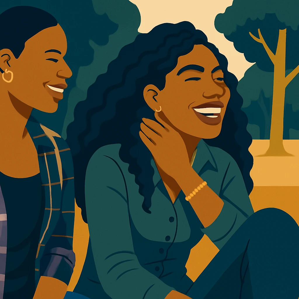 Illustration showing two women sitting side by side and talking.