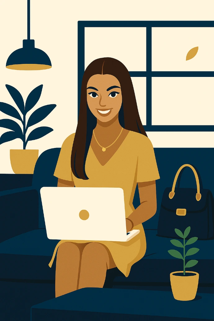 Illustration of a woman working on a laptop with charts representing market data and portfolio performance