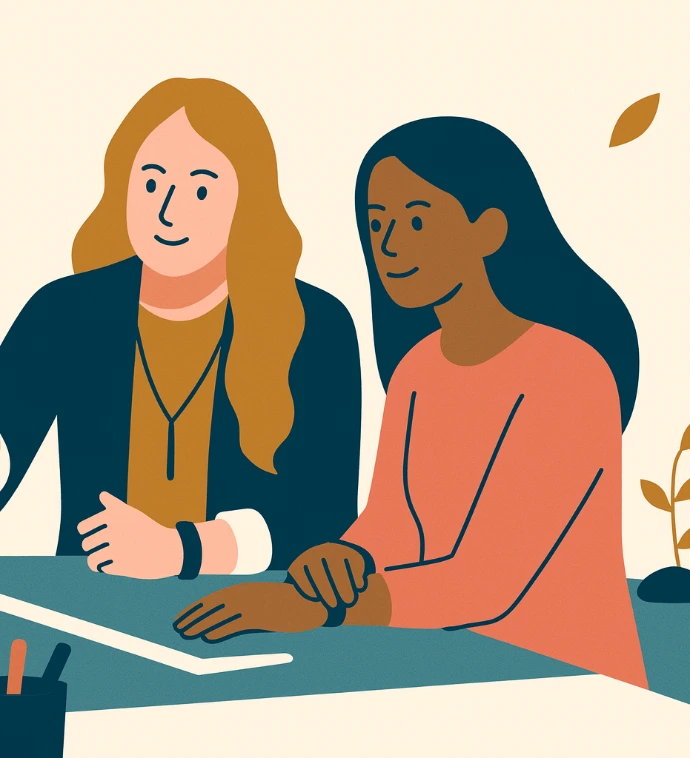 Illustration of a woman at a desk using a laptop to review investment analysis and risk distribution