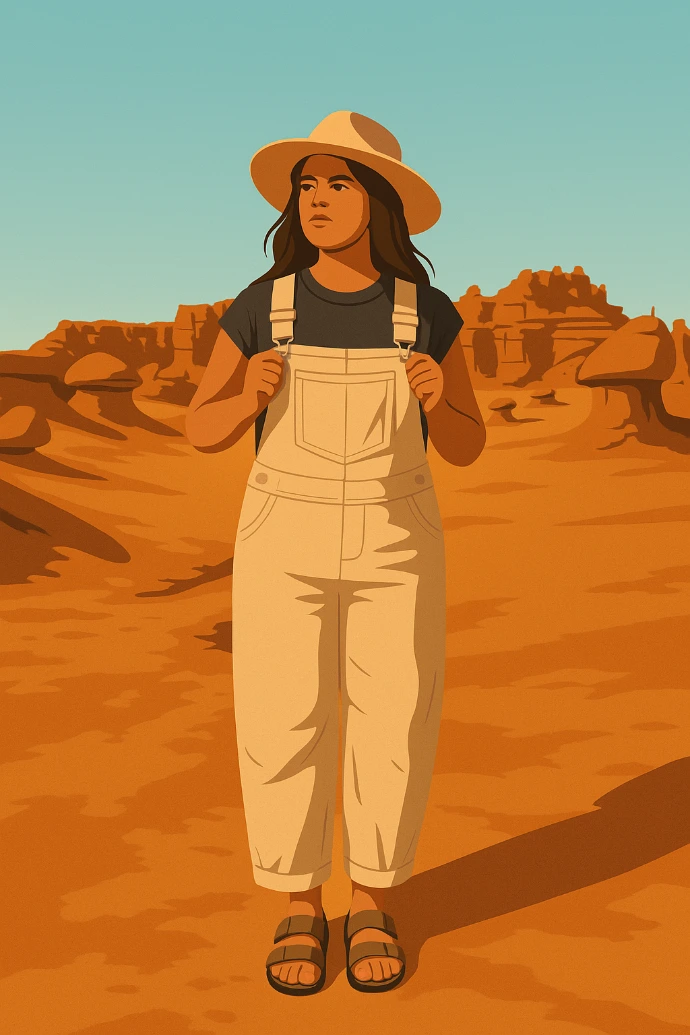Illustration of a woman standing against an abstract background related to economic cycles