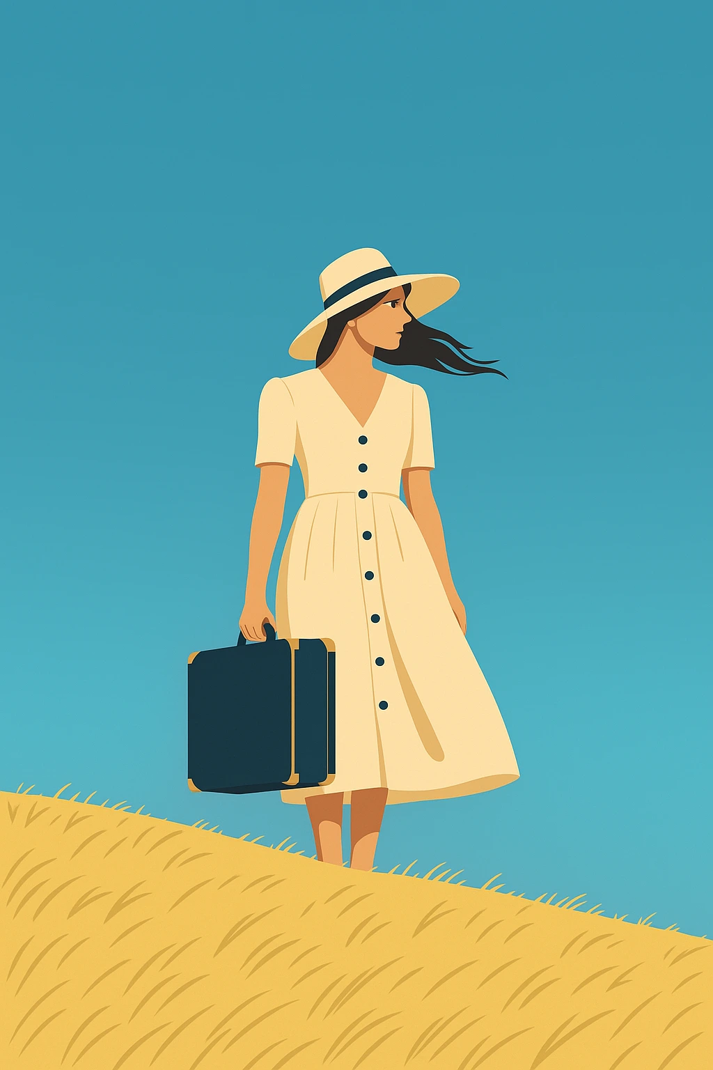 Illustration of a woman in a light coat standing on a simple background