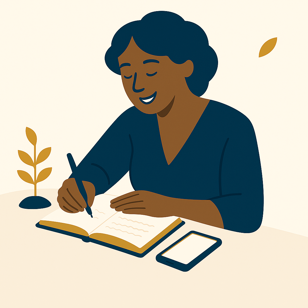 Illustration of a woman sitting at a desk and writing notes