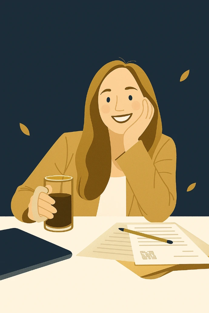 Illustration of a woman working at a desk with financial documents