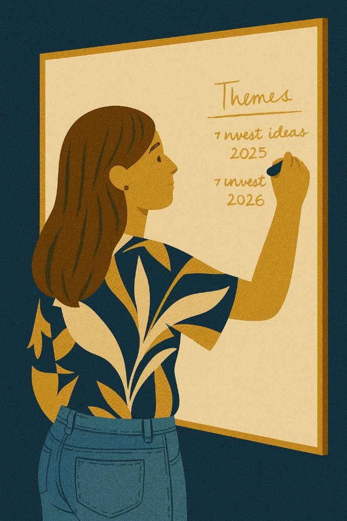 Illustration of a woman standing next to a board and writing notes, representing explanation of financial concepts.