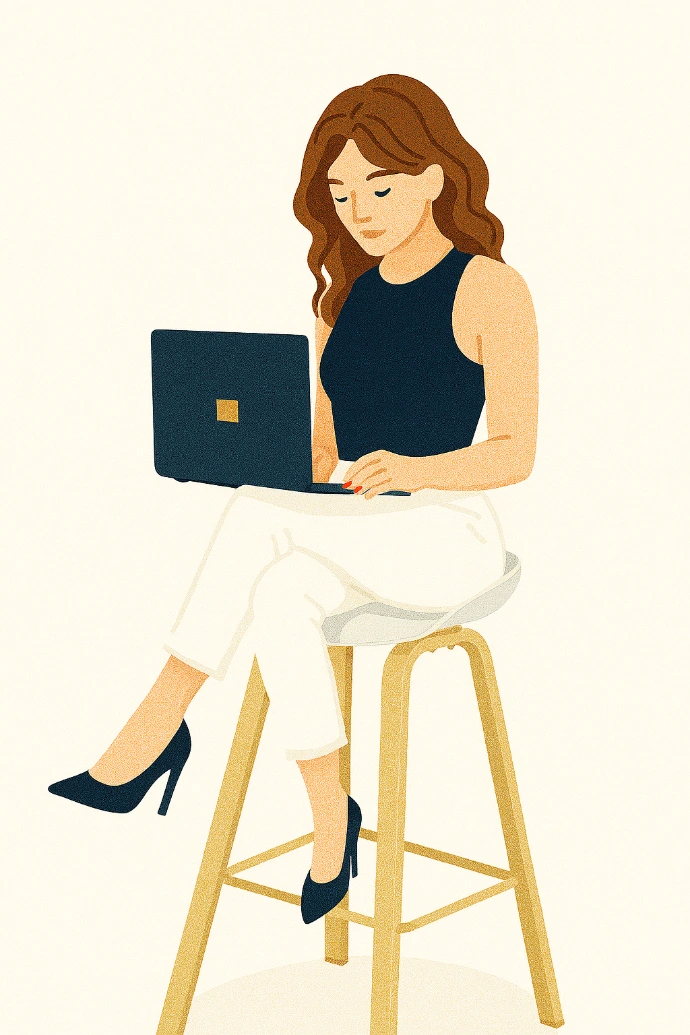 Illustration of a woman sitting in a chair and working on a laptop, representing calm and structured financial education.