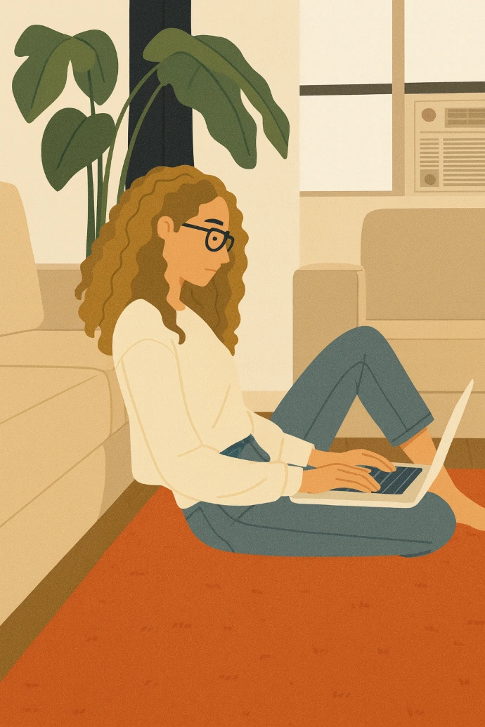 An Elegant Investor analyzing financial reports on a laptop, representing a focused approach to company data.