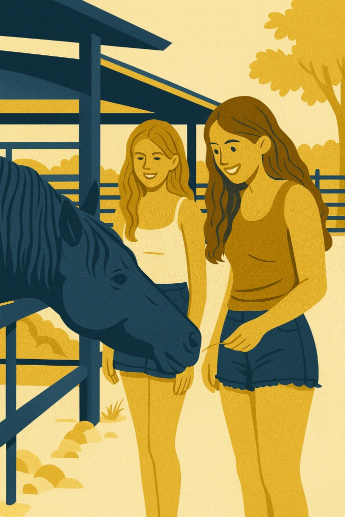 Illustration of two women standing in a stable environment