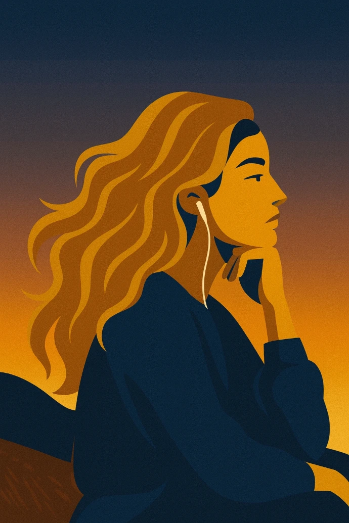 Woman in profile view, looking into the distance, illustrated in warm colors.