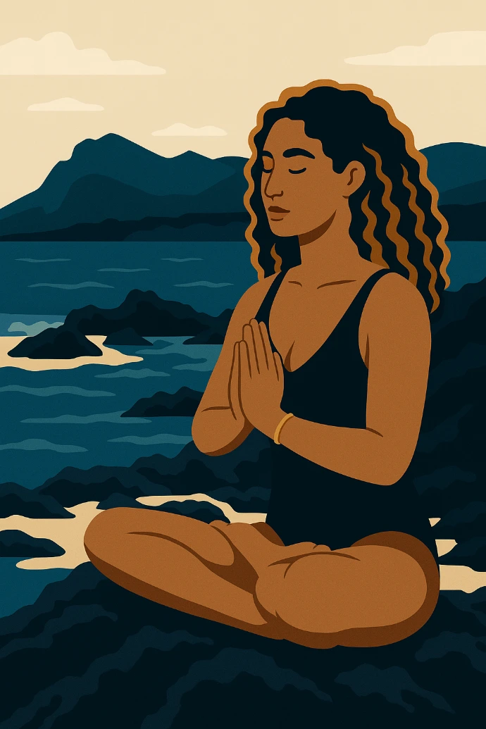 Woman practicing yoga in a seated position, minimalist illustration.