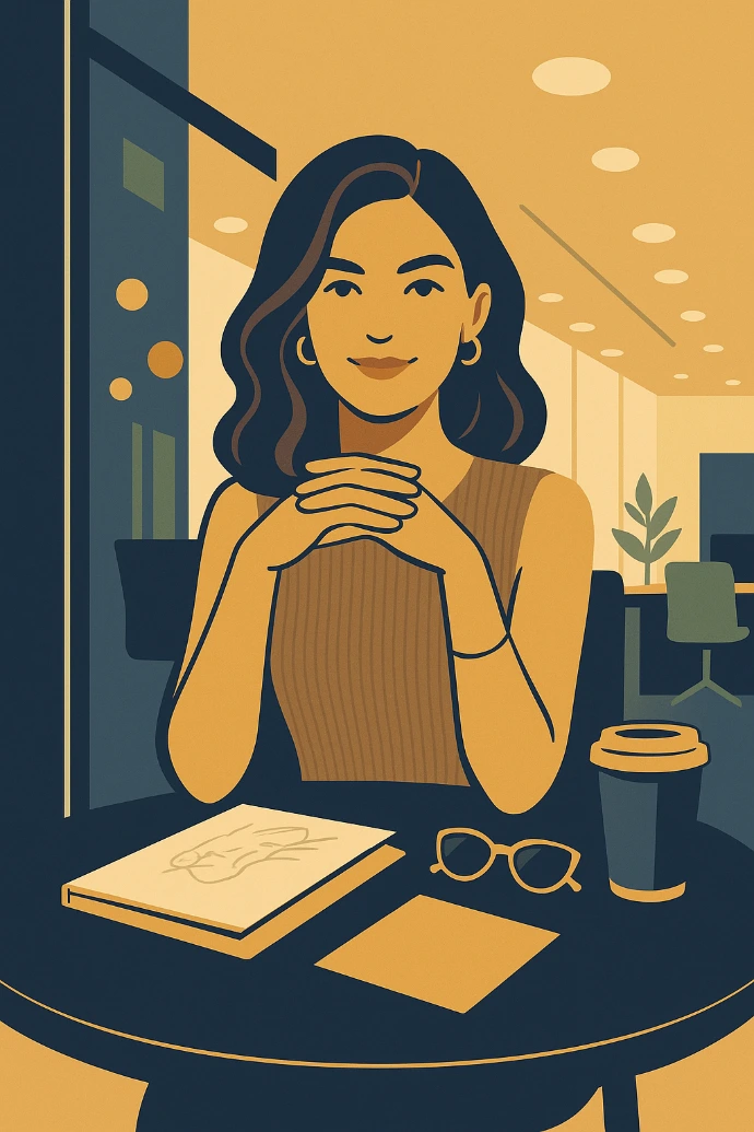 Woman sitting at a desk with a notebook and a cup, illustrated scene.