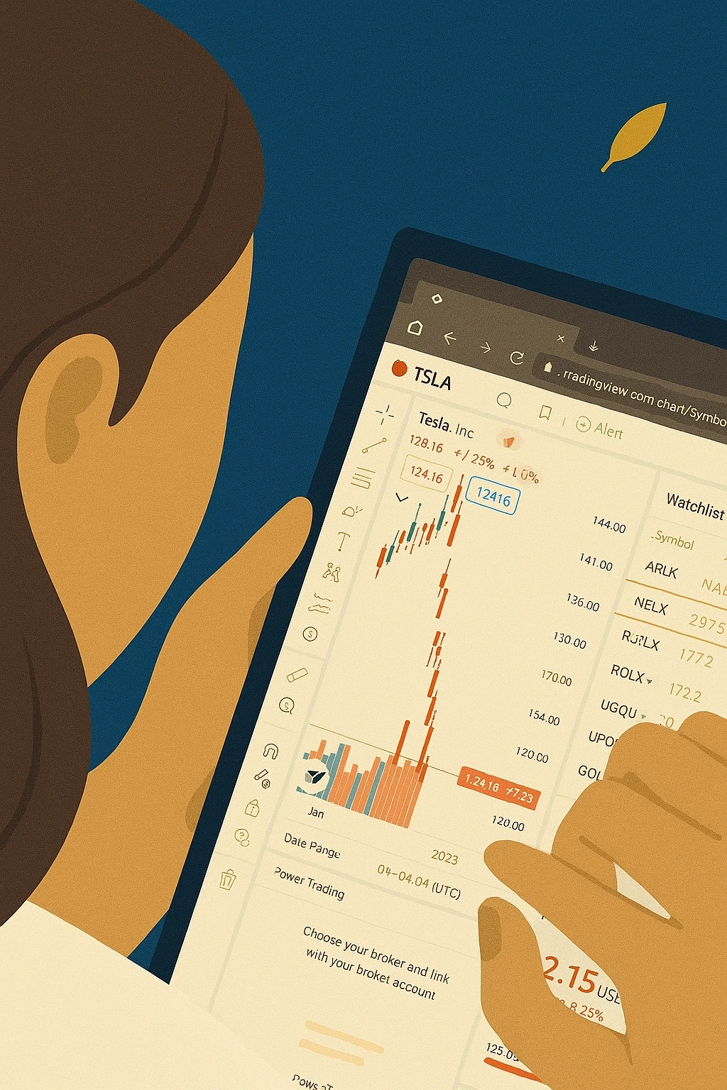 An Elegant Investor looks at a stock chart displayed on a screen.
