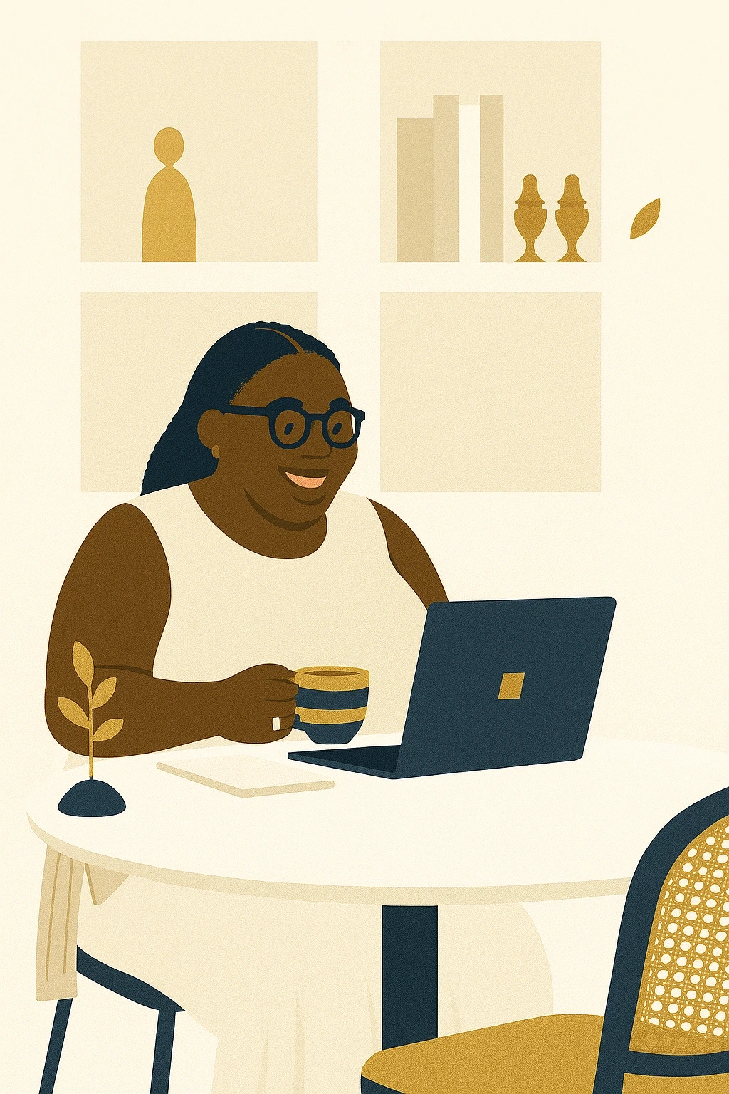 An Elegant Investor works on a laptop among study materials on her desk.