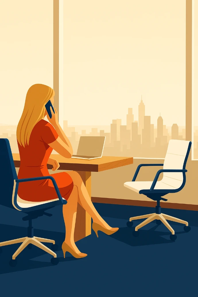 Illustration of a woman sitting at a desk with a laptop, with a city skyline visible through the window.