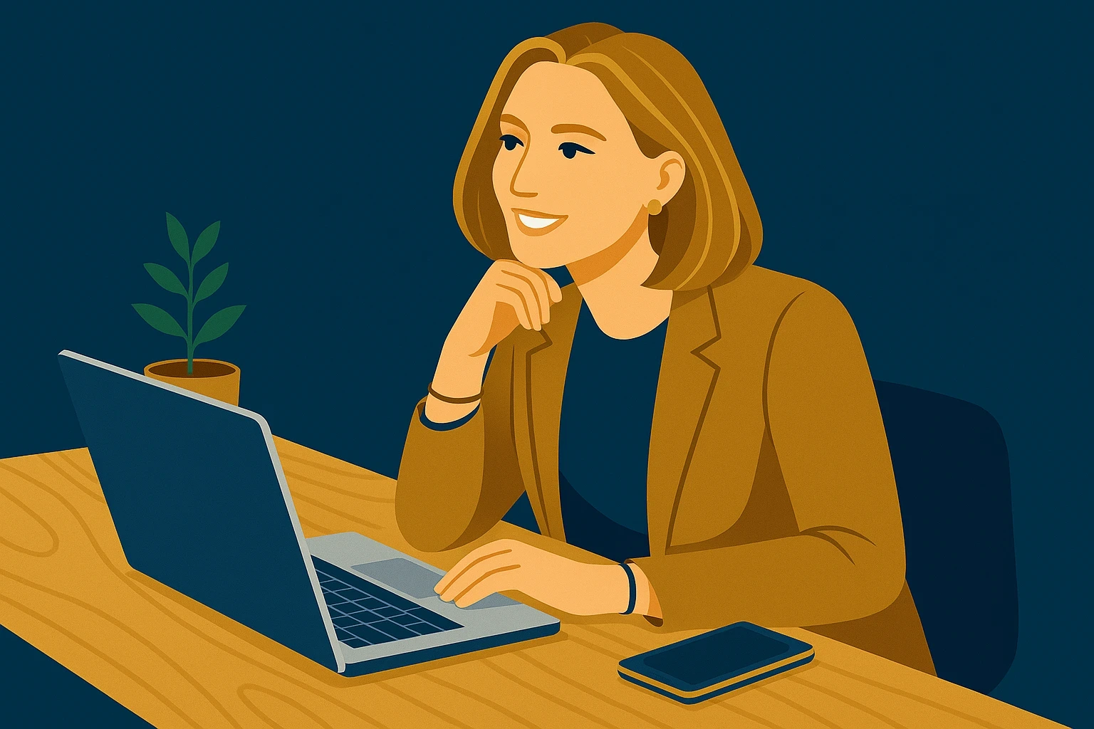 An Elegant Investor rests her chin on her hand, calmly facing her doubts about starting to invest.